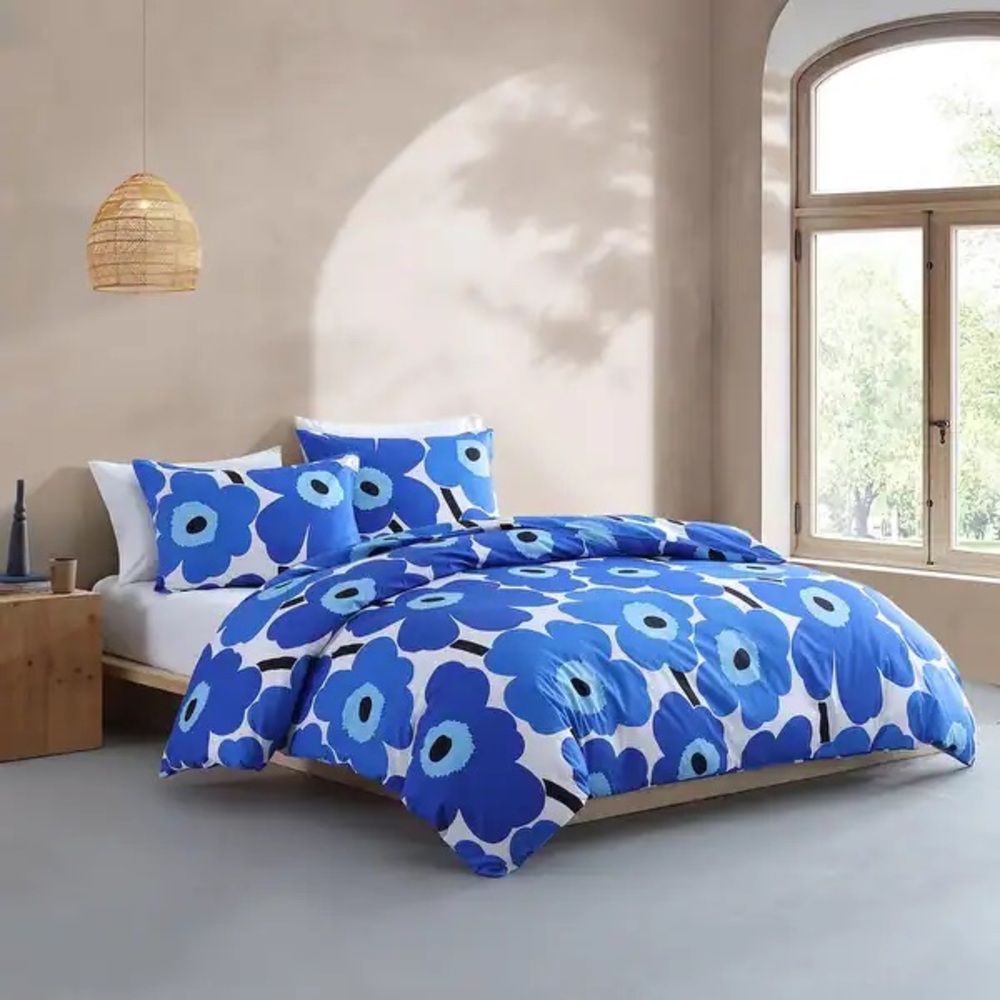 Marimekko Unikko Blue Cotton Reversible Comforter Set-Full/Queen